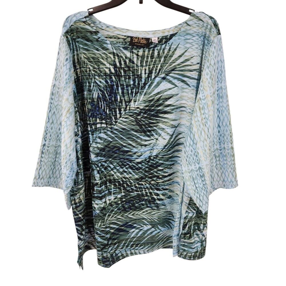 Bob Mackie Wearable Art Tunic Top Sz 3X South Sea Tropical Palm Print 3/4 Sleeve